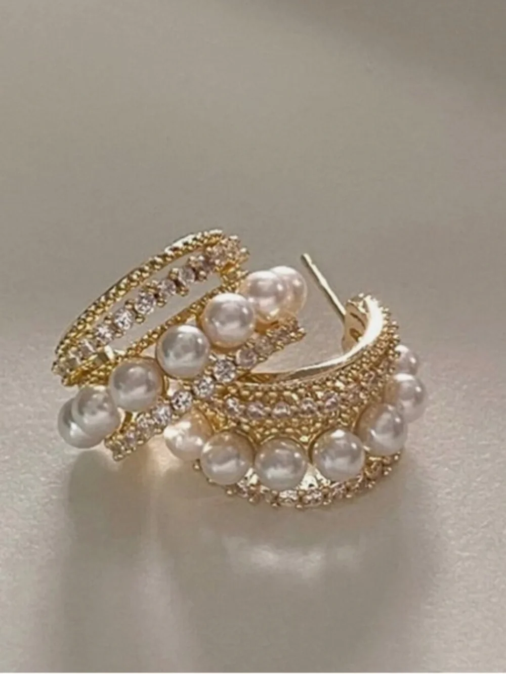 *** Dainty Gold Pearl & Crystal Multi-Row Hoop Earrings